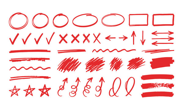 Hand drawn red marker correction marks and doodle shapes vector set