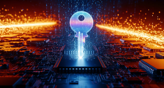 Digital key glowing on a futuristic CPU circuit board. Microchip features binary data streams and orange light effects. Cybersecurity concept for data protection and network encryption services.