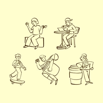 People Lifestyle with Coffee Character Line Art Doodle Collection