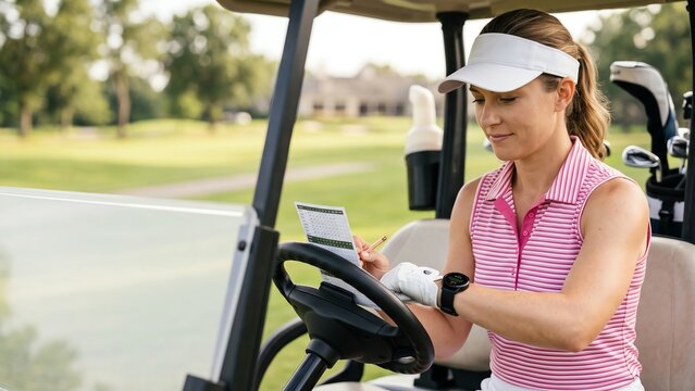 Woman Golfer Reviews Scorecard in Golf Cart