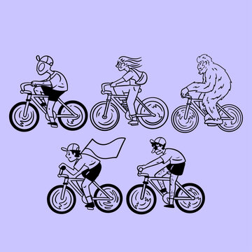People Riding Bicycles Set Vector Line Art Hand Drawn Cyclists Collection