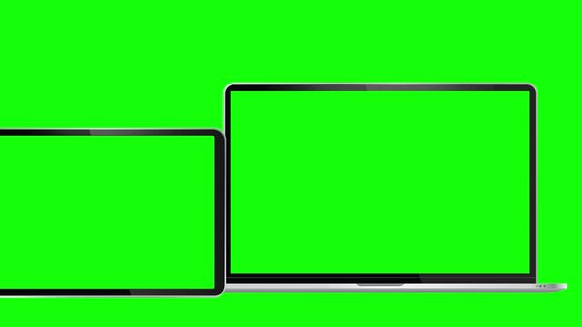 Laptop Computer, Tablet PC and Mobile Phone with green screen mock up animation on green, blue and white backgrounds.