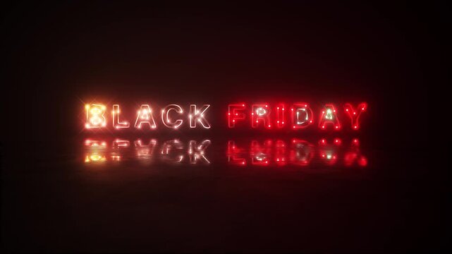 Animation text of Black Friday Flickering laser neon glitch text effect cinematic title on black abstract backgroud. 