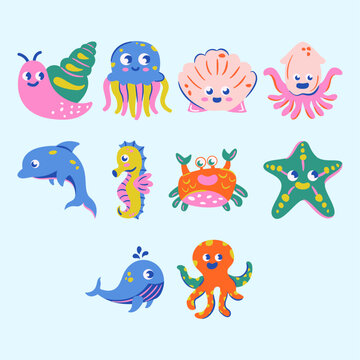 Colorful Flat Marine Creatures Collection Vector Clip Art