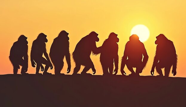 Silhouette of Monkey Group Standing on Horizon Against Sunset Sky