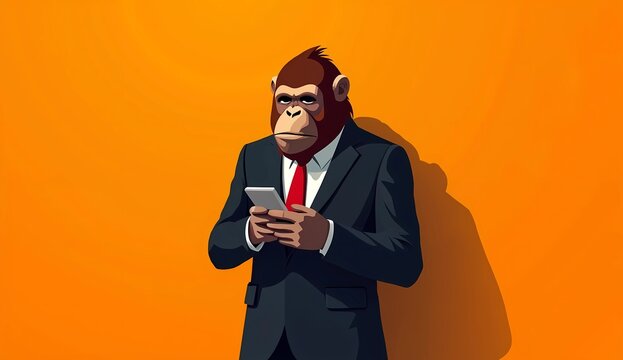 Chimpanzee Businessman in Suit Using Smartphone Orange Background