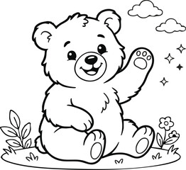 Fototapeta premium Cute cartoon bear cub waving paw in green field with flowers