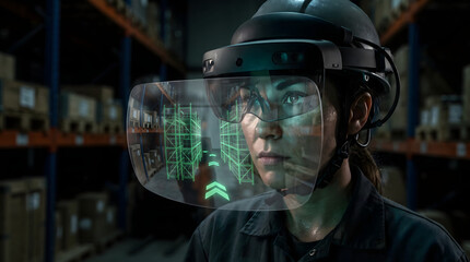 Fototapeta premium Worker wearing augmented reality headset in warehouse.