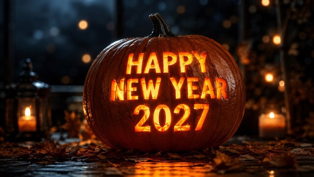 Carved Pumpkin Happy New Year 2027 Halloween Autumn Concept Photo - carved pumpkin new year, happy new year 2027 pumpkin, halloween new year concept, autumn leaves pumpkin, jack o lantern text, glowin