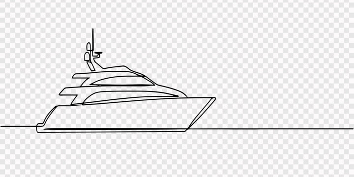 luxury yacht continuous one line drawing, Continuous one line drawing of a modern speed boat or luxury yacht, minimalist vector illustration on a clean white background, Continuous singe one 