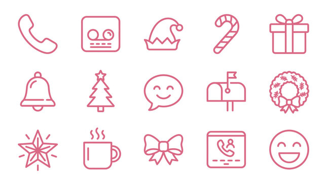 Set of Christmas icons in pink outline style, perfect for holiday digital design and communication.