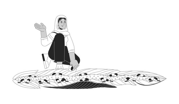 Tudung woman eating kembulan leaf served rice line art character. Communal Indonesian dining. Southeast asian female taking food isolated vector outline person. Black and white spot illustration