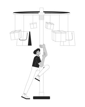 Man climbing pole in traditional Indonesian Independence Day game line art character. Southeast asian guy trying to reach hanging prizes isolated vector outline person. Black and white illustration