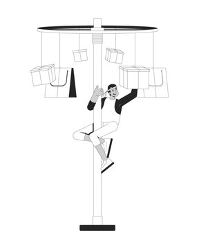 Winner reaching prize in traditional panjat pinang competition line art character. Man climbing pole during Indonesia Independence Day isolated vector outline person. Black and white spot illustration