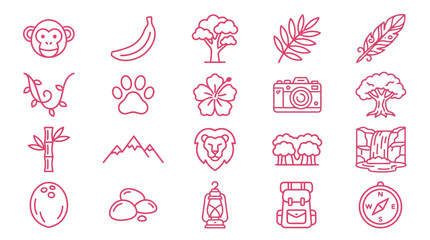 Collection of jungle and safari themed icons in a simple line art style, perfect for travel or nature designs. © xavier