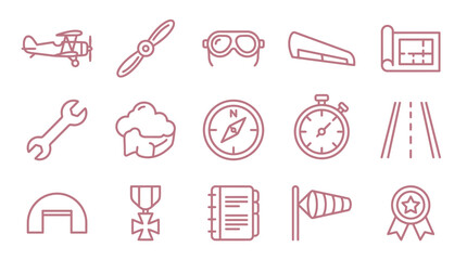 Collection of aviation and pilot icons representing flight, navigation, and equipment. © xavier