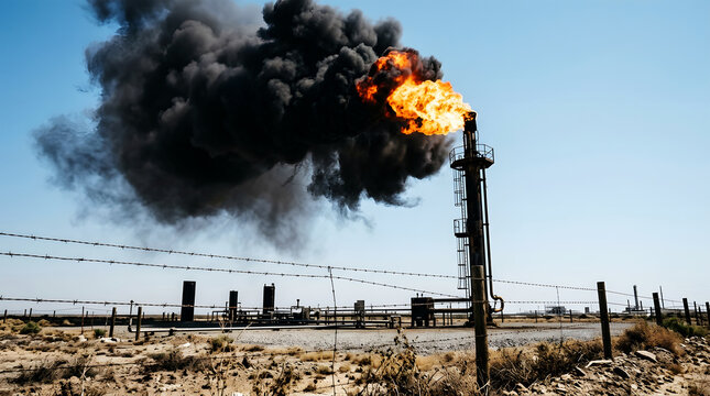Explosion near power lines, black smoke, orange flames, industrial setting