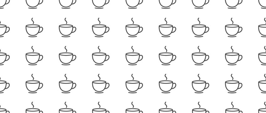 Seamless minimalist coffee cup line icon pattern on white background