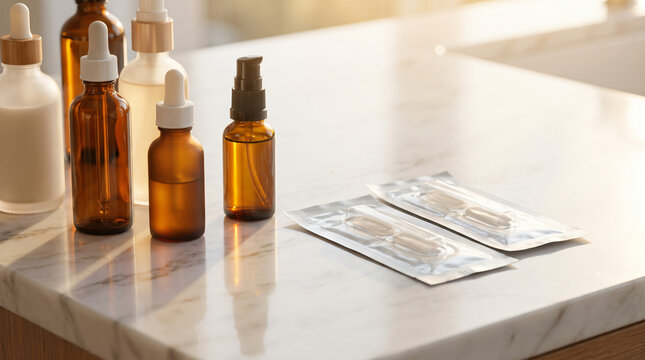 Assorted amber glass dropper and pump bottles with plastic nasal spray packs on marble surface