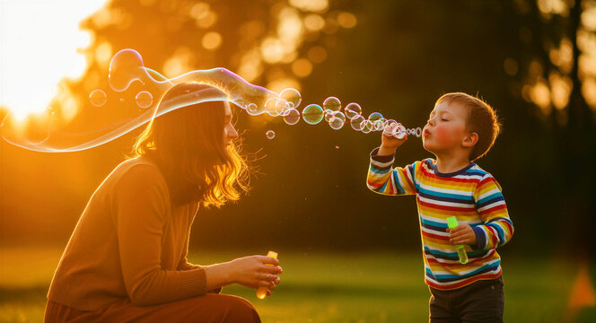 Mother and son blowing soap bubbles in park at sunset. Boy in striped shirt playing with bubbles during golden hour. Family bonding concept, ideal for parenting and outdoor lifestyle marketing.