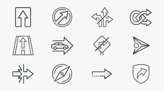 Industrial Minimalist Line Art Collection of 12 Monochrome Road and Traffic Sign Symbols for Designers and Developers