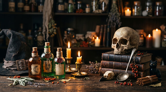 Mystical Alchemist's Table with Magic Potions, Human Skull, Burning Candles, and Ancient Spell Books