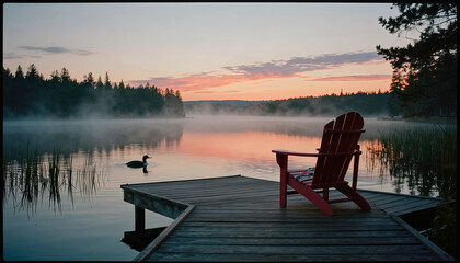 Obraz premium Red adirondack chair on wooden dock at foggy lake sunrise with loon