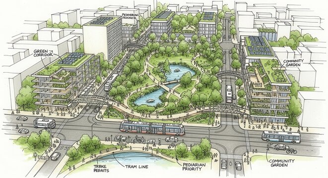 Aerial view of a lush urban park with walking paths and water features. Green space for recreation and relaxation in city environment.