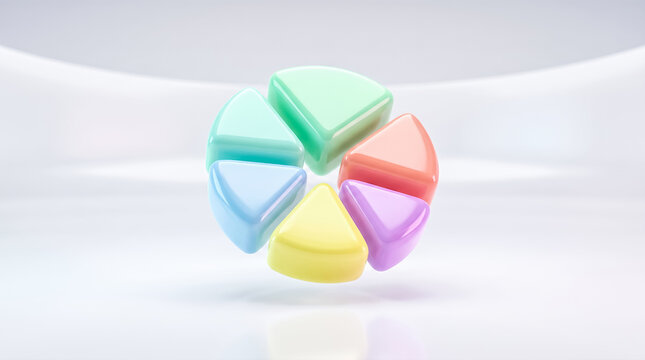 Pastel colorful pie chart slices floating white glossy background 3d rendering financial statistics infographic element business data analysis minimal graphic