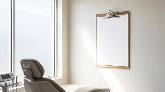 Blank wooden clipboard holding empty white paper hanging wall medical examination room dental chair frosted window bright natural daylight interior mockup