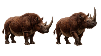 Obraz premium Woolly Rhinoceroses in Profile: A pair of sturdy rhinoceroses, one facing left and the other right, stand isolated on a clean white background.
