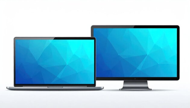 Modern laptop and desktop monitor with vibrant blue geometric polygonal patterns on screens displayed side-by-side on a clean white background.