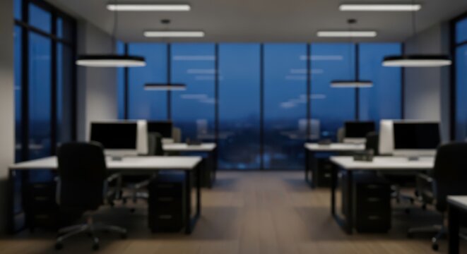 Modern office workspace with multiple desks and computers. Corporate environment for remote work and team collaboration.
