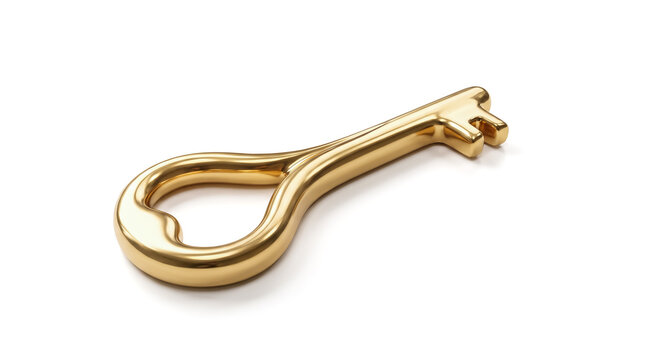 Shiny golden vintage key lying flat isolated bright white background casting soft drop shadow classical metal object open lock secure access