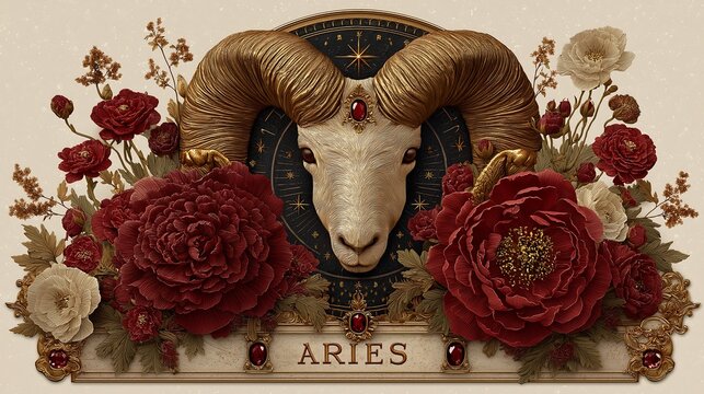 Aries zodiac sign with ram head and flowers in design