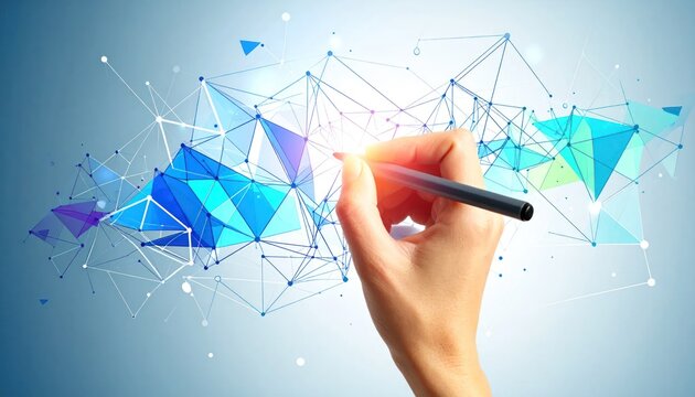Human hand drawing digital abstract geometric network with glowing stylus on light blue background concept of technology connection and innovation
