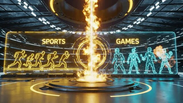 Dramatic Fire Column Illuminating Futuristic Digital Sports Games Broadcast Studio