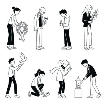 People commemorating Remembrance Day for Victims of Fascism 9 pcs vector illustrations set  