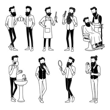 Men with beards engaged in grooming activities celebrating International Beard Day  , 9 pcs vector illustrations set