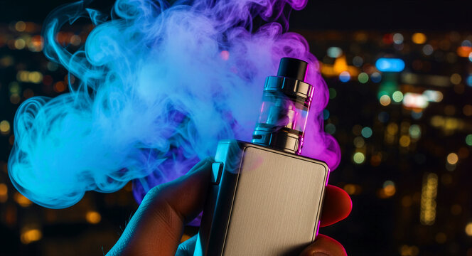 Hand holding electronic cigarette emitting vibrant blue and purple vapor clouds. Modern vape mod device against blurred night city bokeh. Vaping lifestyle concept for tobacco alternative media.