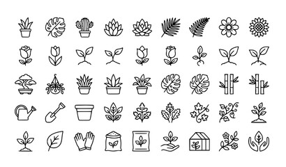 Obraz premium Plant outline icon set editable potted plants flowers leaves vector illustration