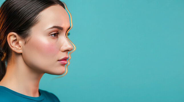Minimal studio portrait of a young woman in side profile against a turquoise background. Clean beauty, confidence, skincare, elegance and contemporary minimalist aesthetic concept