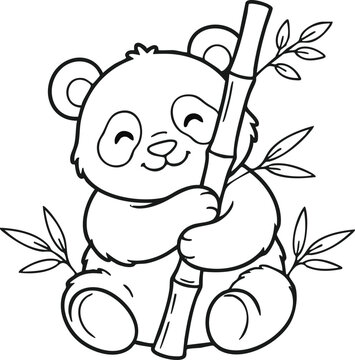Cute cartoon panda bear hugging green bamboo stalk green leaves