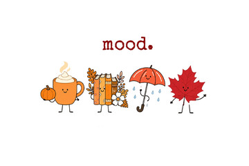 Fototapeta premium Cute Animated Fall Elements Coffee Umbrella Mood Sublimation Design