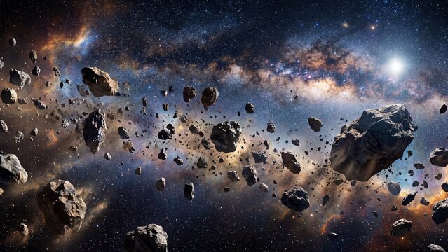 Asteroid Field Floating in Deep Outer Space Galaxy