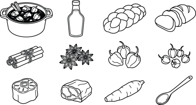 Caribbean Pepperpot Stew Cooking Ingredients and Braided Bread Line Art Icon Set for Holiday Menus, Traditional Recipes, Food Blogs, and Culinary Graphic Designs