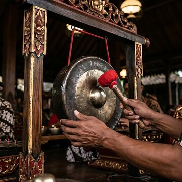 Indonesian Gamelan Gong: A small, ornate bronze Gamelan gong suspended in a carved wooden frame with a red mallet, realistic metallic sheen and wood grain,