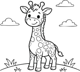 Naklejka premium Cute smiling cartoon giraffe with polka dot pattern standing in field smiling giraffe animal character