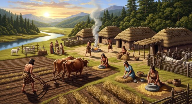 Traditional rural village scene with farmers working. Rustic countryside landscape with farming activities and natural scenery.