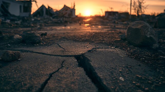 Devastation lingers a broken road reflects sunset dust ruins evoke a somber post disaster scene